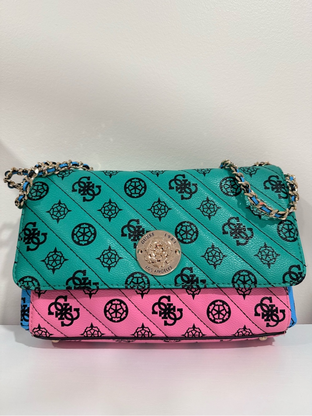 Guess Two-Tone Teal and Pink Logo Chain Shoulder Bag